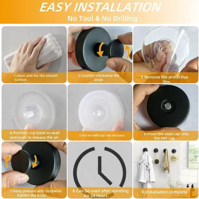 Alt view image 6 of 7 - 4 Pack Heavy Duty Suction Cup Hooks, Matte Black Rustproof Hooks for Bathroom Towel Hanging, Shower Robe, Front Door Wreath, Kitchen Utensils Strong Adhesive Hooks No Drilling