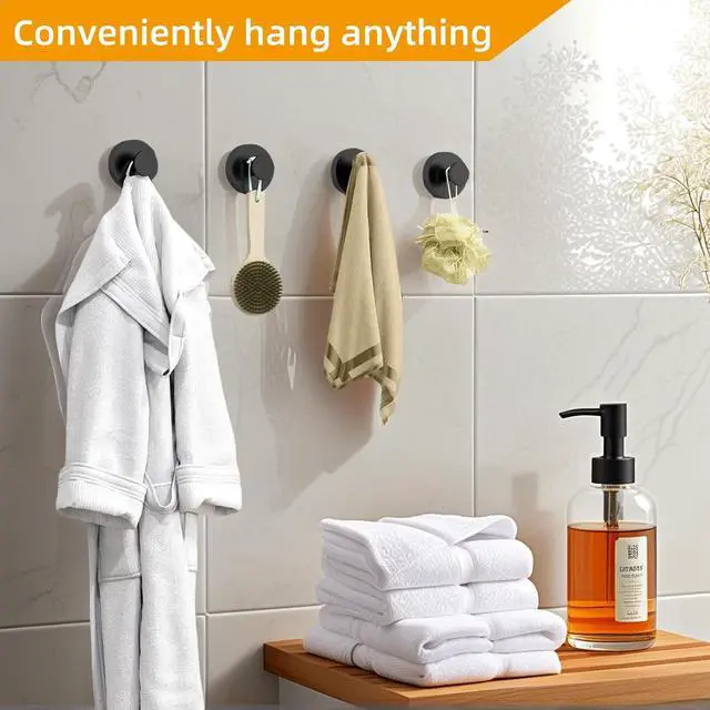 Alt view image 7 of 7 - 4 Pack Heavy Duty Suction Cup Hooks, Matte Black Rustproof Hooks for Bathroom Towel Hanging, Shower Robe, Front Door Wreath, Kitchen Utensils Strong Adhesive Hooks No Drilling