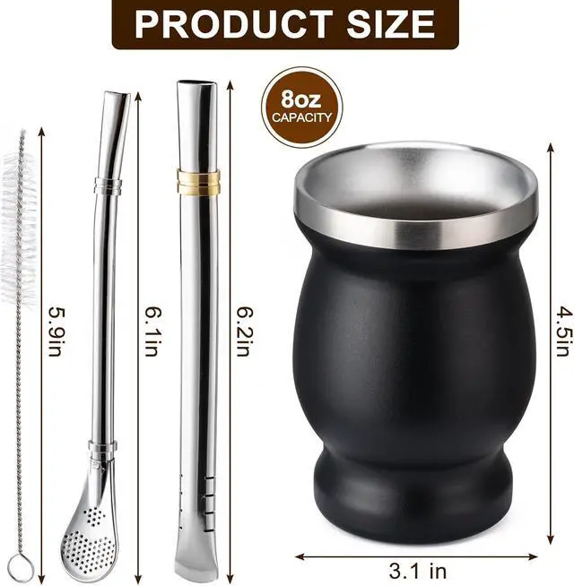 Alt view image 2 of 6 - Husfunov 8oz Yerba Mate Cup, 304 Stainless Steel Double-Wall Mate Cup