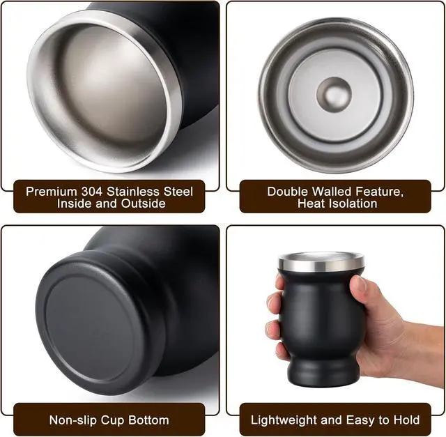 Alt view image 3 of 6 - Husfunov 8oz Yerba Mate Cup, 304 Stainless Steel Double-Wall Mate Cup