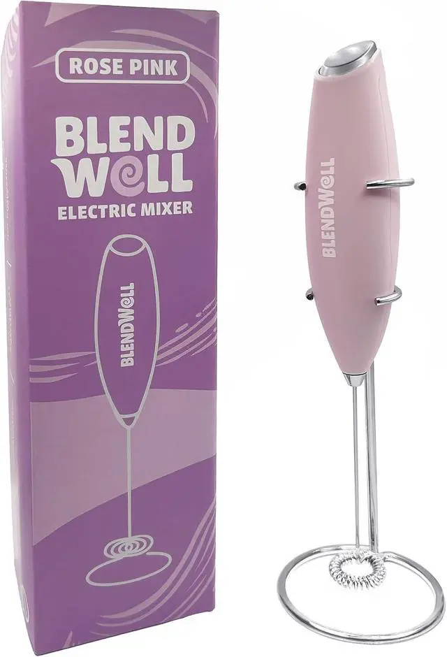 Alt view image 2 of 6 - BlendWell Electric Milk Frother for Matcha and Coffee, Handheld Battery Operated Drink Mixer with Stand, Stainless Steel Whisk, Rose Pink