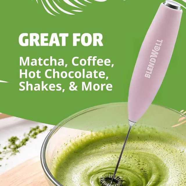 Alt view image 3 of 6 - BlendWell Electric Milk Frother for Matcha and Coffee, Handheld Battery Operated Drink Mixer with Stand, Stainless Steel Whisk, Rose Pink