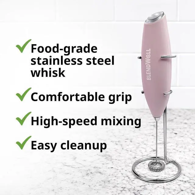 Alt view image 4 of 6 - BlendWell Electric Milk Frother for Matcha and Coffee, Handheld Battery Operated Drink Mixer with Stand, Stainless Steel Whisk, Rose Pink