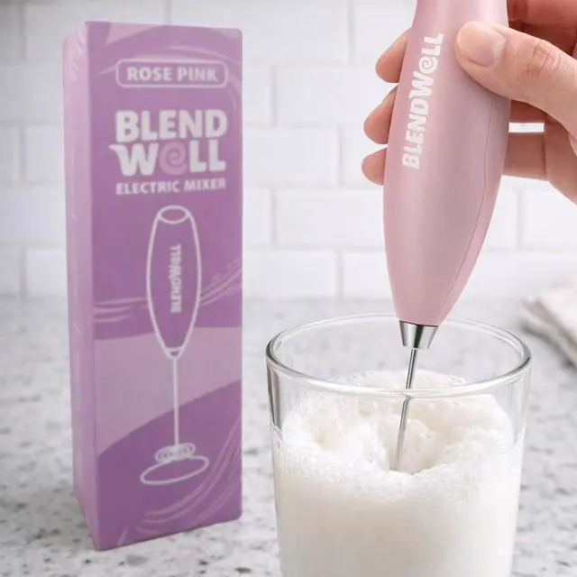 Alt view image 5 of 6 - BlendWell Electric Milk Frother for Matcha and Coffee, Handheld Battery Operated Drink Mixer with Stand, Stainless Steel Whisk, Rose Pink