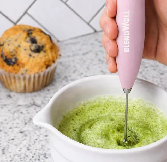 Alt view image 6 of 6 - BlendWell Electric Milk Frother for Matcha and Coffee, Handheld Battery Operated Drink Mixer with Stand, Stainless Steel Whisk, Rose Pink