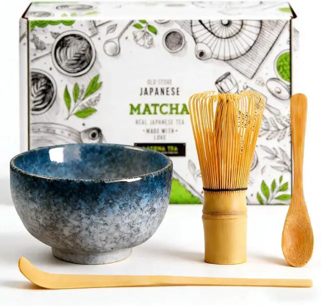 Main image of Japanese Matcha Set, 4-Piece Whisk Kit with Ceramic Bowl (Blue)