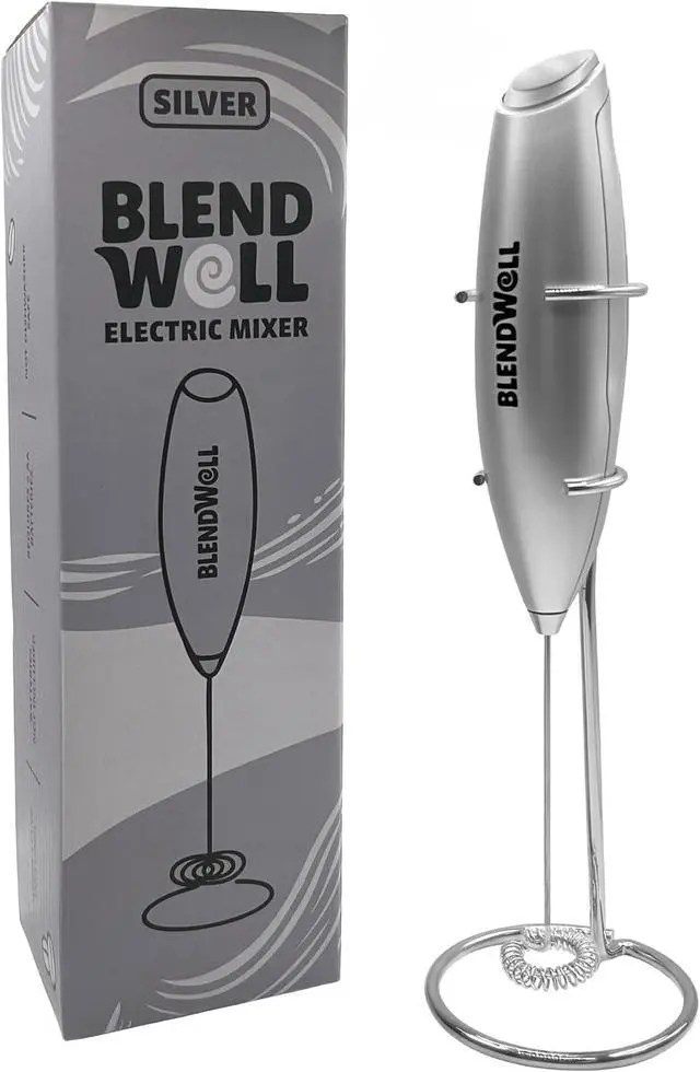 Alt view image 2 of 6 - BlendWell Electric Milk Frother for Matcha and Coffee, Handheld Battery Operated Drink Mixer with Stand, Stainless Steel Whisk, Silver