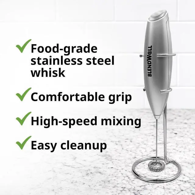 Alt view image 4 of 6 - BlendWell Electric Milk Frother for Matcha and Coffee, Handheld Battery Operated Drink Mixer with Stand, Stainless Steel Whisk, Silver