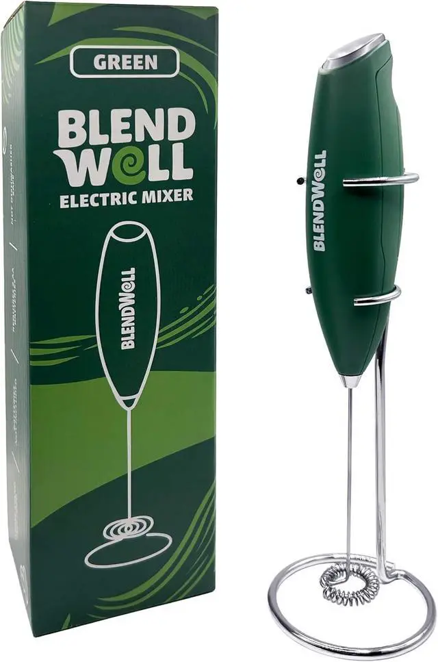Alt view image 2 of 6 - BlendWell Electric Milk Frother for Matcha and Coffee, Handheld Battery Operated Drink Mixer with Stand, Stainless Steel Whisk, Green