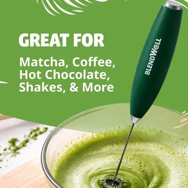 Alt view image 3 of 6 - BlendWell Electric Milk Frother for Matcha and Coffee, Handheld Battery Operated Drink Mixer with Stand, Stainless Steel Whisk, Green