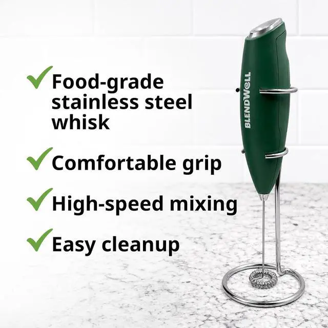 Alt view image 4 of 6 - BlendWell Electric Milk Frother for Matcha and Coffee, Handheld Battery Operated Drink Mixer with Stand, Stainless Steel Whisk, Green
