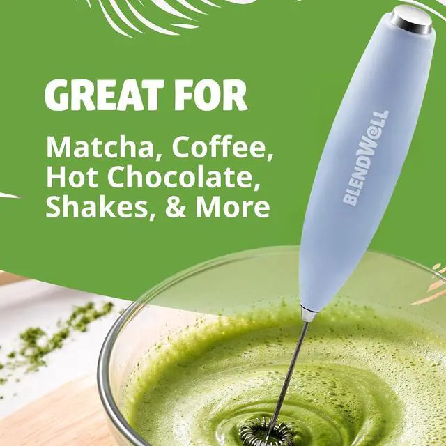 Alt view image 3 of 6 - BlendWell Electric Milk Frother for Matcha and Coffee, Handheld Battery Operated Drink Mixer with Stand, Stainless Steel Whisk, Light Blue
