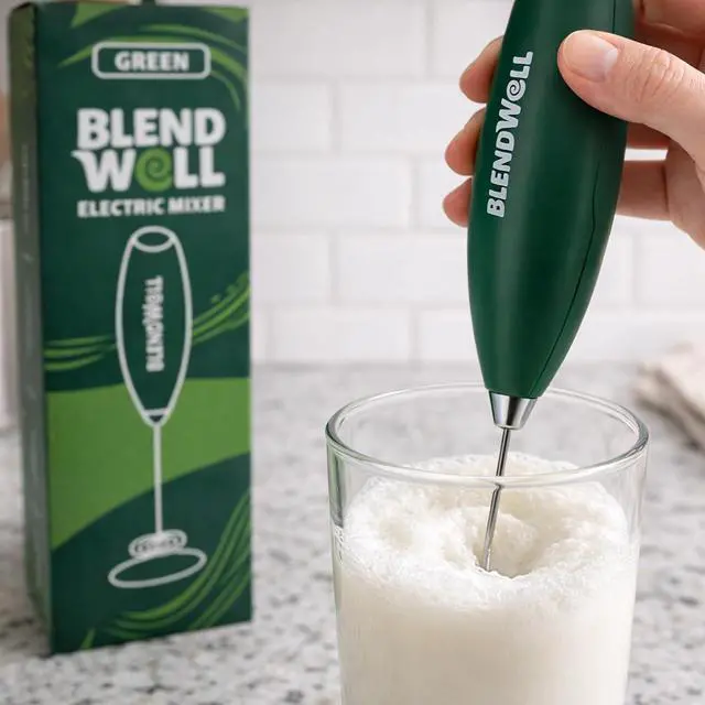 Alt view image 5 of 6 - BlendWell Electric Milk Frother for Matcha and Coffee, Handheld Battery Operated Drink Mixer with Stand, Stainless Steel Whisk, Green