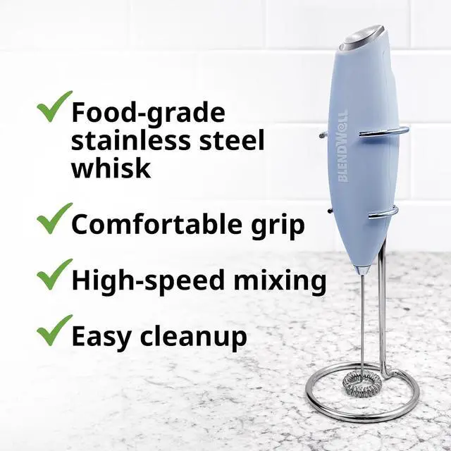 Alt view image 4 of 6 - BlendWell Electric Milk Frother for Matcha and Coffee, Handheld Battery Operated Drink Mixer with Stand, Stainless Steel Whisk, Light Blue