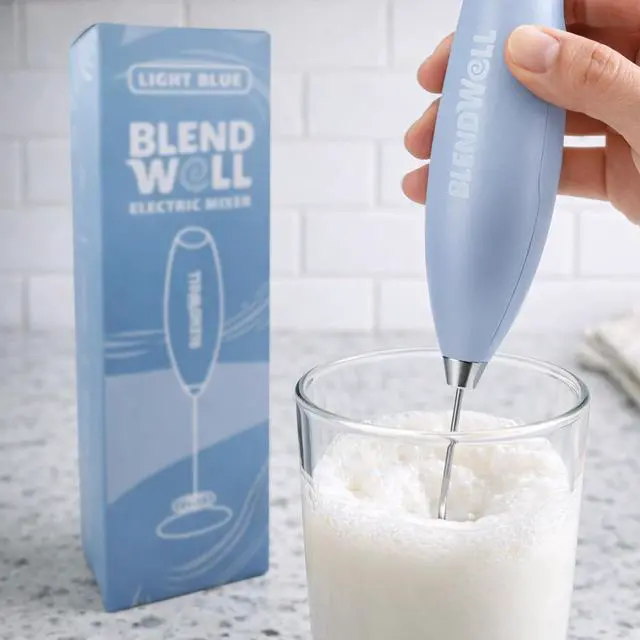 Alt view image 5 of 6 - BlendWell Electric Milk Frother for Matcha and Coffee, Handheld Battery Operated Drink Mixer with Stand, Stainless Steel Whisk, Light Blue