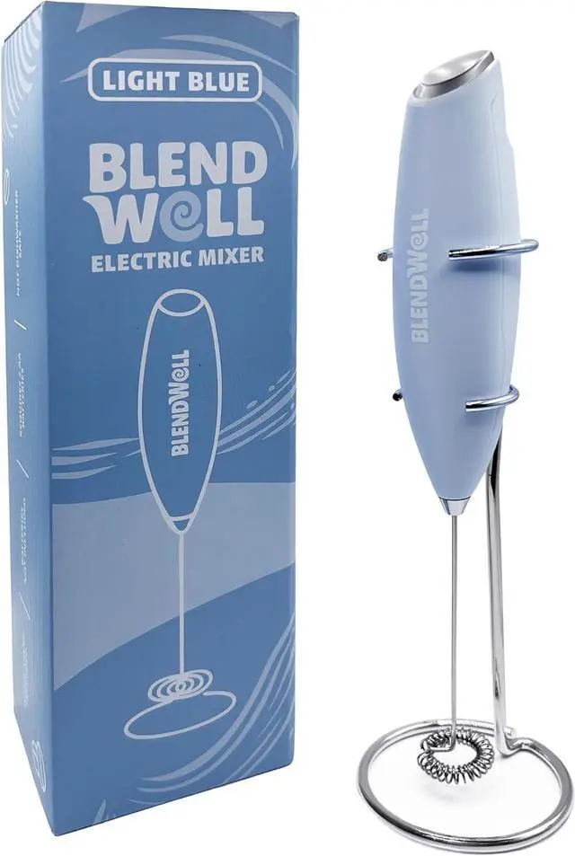Alt view image 2 of 6 - BlendWell Electric Milk Frother for Matcha and Coffee, Handheld Battery Operated Drink Mixer with Stand, Stainless Steel Whisk, Light Blue