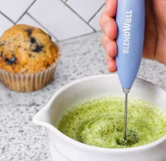 Alt view image 6 of 6 - BlendWell Electric Milk Frother for Matcha and Coffee, Handheld Battery Operated Drink Mixer with Stand, Stainless Steel Whisk, Light Blue