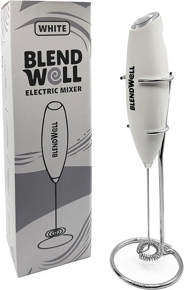 Alt view image 2 of 6 - BlendWell Electric Milk Frother for Matcha and Coffee, Handheld Battery Operated Drink Mixer with Stand, Stainless Steel Whisk, White