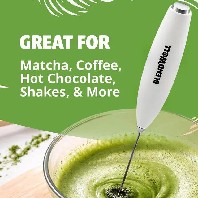 Alt view image 3 of 6 - BlendWell Electric Milk Frother for Matcha and Coffee, Handheld Battery Operated Drink Mixer with Stand, Stainless Steel Whisk, White