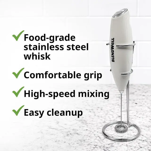 Alt view image 4 of 6 - BlendWell Electric Milk Frother for Matcha and Coffee, Handheld Battery Operated Drink Mixer with Stand, Stainless Steel Whisk, White