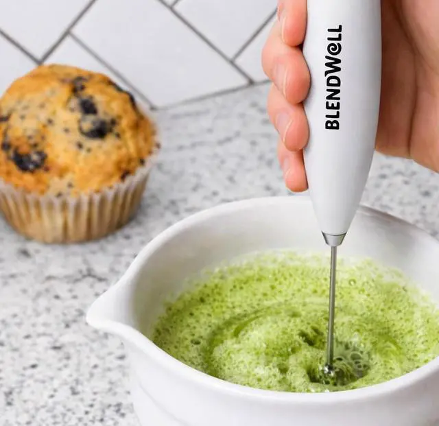 Alt view image 6 of 6 - BlendWell Electric Milk Frother for Matcha and Coffee, Handheld Battery Operated Drink Mixer with Stand, Stainless Steel Whisk, White