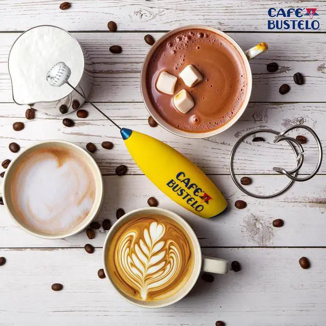 Alt view image 4 of 7 - Café Bustelo Electric Coffee Milk Frother Handheld Battery-Operated Drink Mixer with Stainless Steel Whisk & Stand, Bold Yellow Design, Perfect for Lattes, Cappuccinos & Café-Style Coffee Drinks