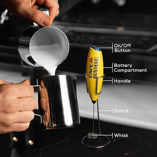 Alt view image 3 of 7 - Café Bustelo Electric Coffee Milk Frother Handheld Battery-Operated Drink Mixer with Stainless Steel Whisk & Stand, Bold Yellow Design, Perfect for Lattes, Cappuccinos & Café-Style Coffee Drinks