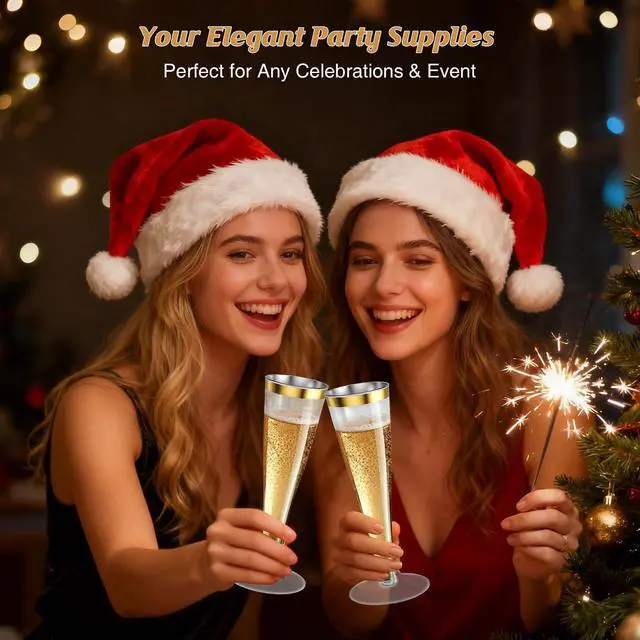 Alt view image 2 of 7 - 20 Pack Champagne Flutes Plastic Wine Glasses Disposable, 4.5 Oz Gold Rim Mimosa Glasses for 2026 Engagement Wedding Birthday Bar Soccer Football Party Supplies, Bulk Toasting Cocktail Cups