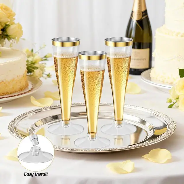 Alt view image 4 of 7 - 20 Pack Champagne Flutes Plastic Wine Glasses Disposable, 4.5 Oz Gold Rim Mimosa Glasses for 2026 Engagement Wedding Birthday Bar Soccer Football Party Supplies, Bulk Toasting Cocktail Cups