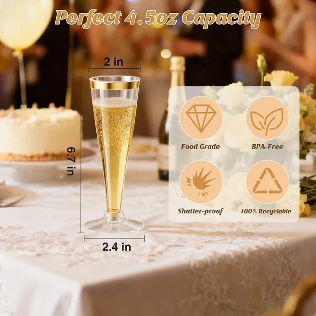 Alt view image 3 of 7 - 20 Pack Champagne Flutes Plastic Wine Glasses Disposable, 4.5 Oz Gold Rim Mimosa Glasses for 2026 Engagement Wedding Birthday Bar Soccer Football Party Supplies, Bulk Toasting Cocktail Cups