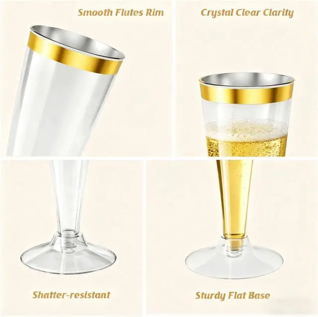 Alt view image 7 of 7 - 20 Pack Champagne Flutes Plastic Wine Glasses Disposable, 4.5 Oz Gold Rim Mimosa Glasses for 2026 Engagement Wedding Birthday Bar Soccer Football Party Supplies, Bulk Toasting Cocktail Cups