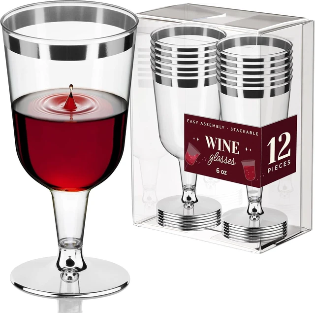 Main image of DecorRack 12 Plastic Wine Glasses, 6 oz, BPA-Free Stackable, Silver