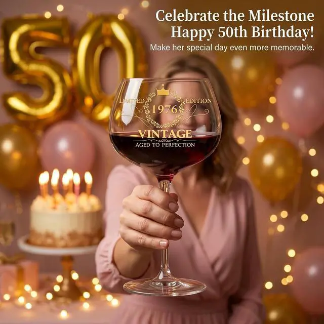 Alt view image 2 of 7 - DeeCoo 50TH Birthday Gifts for Women, Vintage 1976 Engraved 16 oz Wine Glass, 50 Year Old Birthday Decorations, Funny Birthday Gift Idea for Her, Friends, Daughter, Sister, Mom - Turning 50 Present