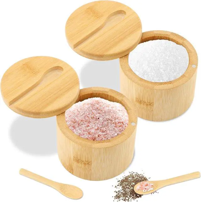 Main image of 2Pcs Bamboo Salt Cellar with Magnetic Swivel Lid & Spoon, 6 oz Spice Bowl Bamboo Storage Box Salt Container to Storage Pepper, Table Salt, Gourmet Salts, Spice, Sugar(SIZE:6 oz)