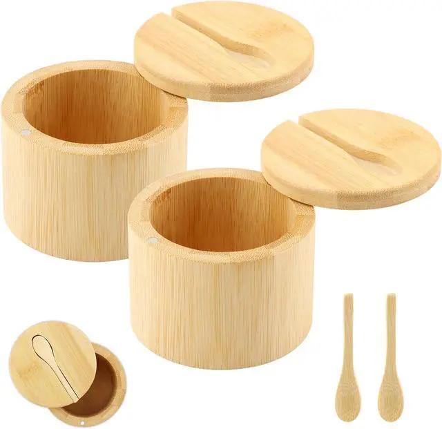 Alt view image 3 of 7 - 2Pcs Bamboo Salt Cellar with Magnetic Swivel Lid & Spoon, 6 oz Spice Bowl Bamboo Storage Box Salt Container to Storage Pepper, Table Salt, Gourmet Salts, Spice, Sugar(SIZE:6 oz)