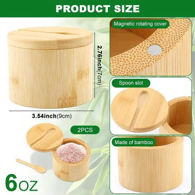 Alt view image 4 of 7 - 2Pcs Bamboo Salt Cellar with Magnetic Swivel Lid & Spoon, 6 oz Spice Bowl Bamboo Storage Box Salt Container to Storage Pepper, Table Salt, Gourmet Salts, Spice, Sugar(SIZE:6 oz)
