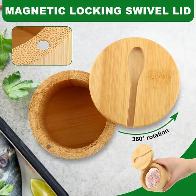 Alt view image 6 of 7 - 2Pcs Bamboo Salt Cellar with Magnetic Swivel Lid & Spoon, 6 oz Spice Bowl Bamboo Storage Box Salt Container to Storage Pepper, Table Salt, Gourmet Salts, Spice, Sugar(SIZE:6 oz)