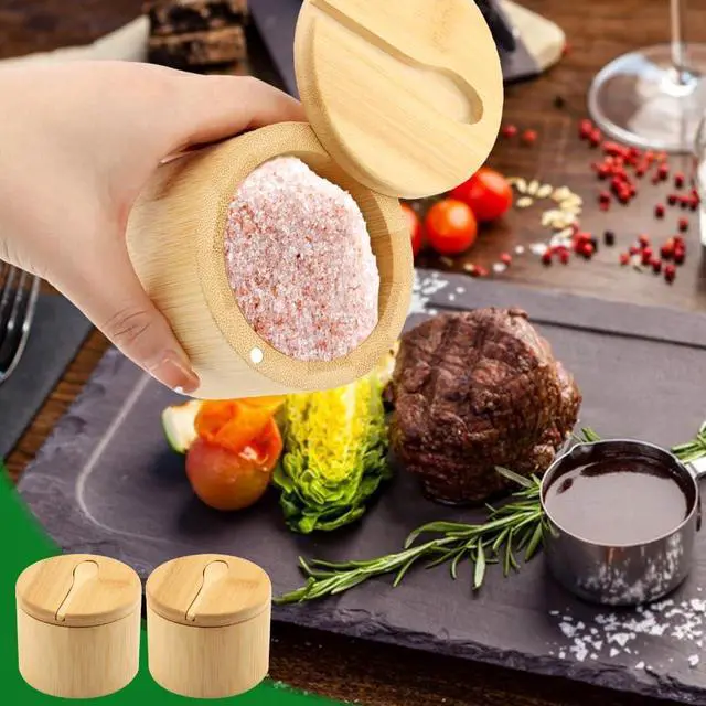 Alt view image 7 of 7 - 2Pcs Bamboo Salt Cellar with Magnetic Swivel Lid & Spoon, 6 oz Spice Bowl Bamboo Storage Box Salt Container to Storage Pepper, Table Salt, Gourmet Salts, Spice, Sugar(SIZE:6 oz)