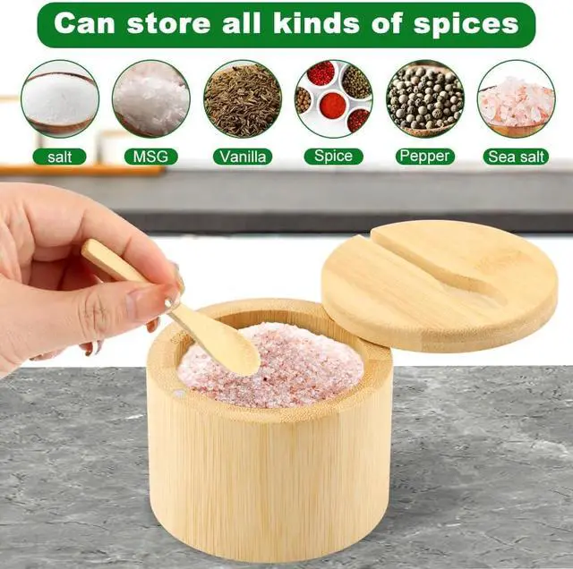 Alt view image 5 of 7 - 2Pcs Bamboo Salt Cellar with Magnetic Swivel Lid & Spoon, 6 oz Spice Bowl Bamboo Storage Box Salt Container to Storage Pepper, Table Salt, Gourmet Salts, Spice, Sugar(SIZE:6 oz)