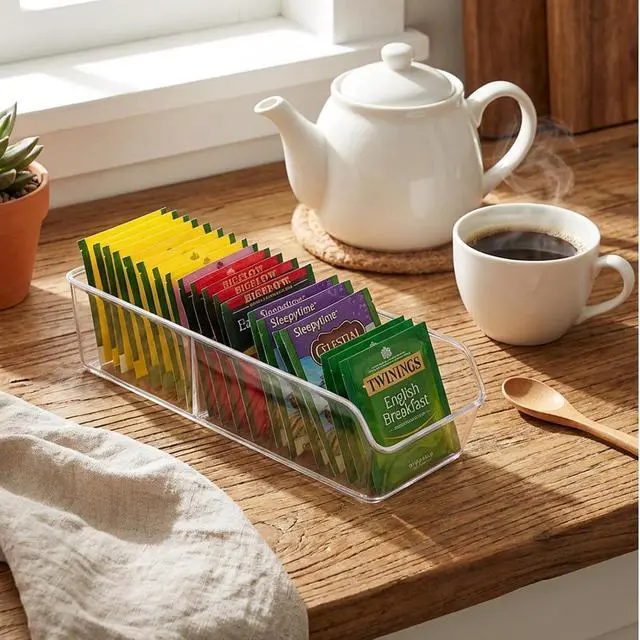 Alt view image 2 of 7 - Tea Bag Organizer, Tea Bag Holder, Clear Plastic Tea Organizer for Cabinet, 2 Compartment Storage for Tea, Coffee, Sugar, Seasoning Packets, Fridge, Tabletop, Kitchen Countertop