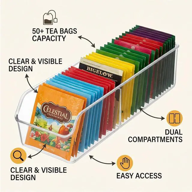Alt view image 3 of 7 - Tea Bag Organizer, Tea Bag Holder, Clear Plastic Tea Organizer for Cabinet, 2 Compartment Storage for Tea, Coffee, Sugar, Seasoning Packets, Fridge, Tabletop, Kitchen Countertop
