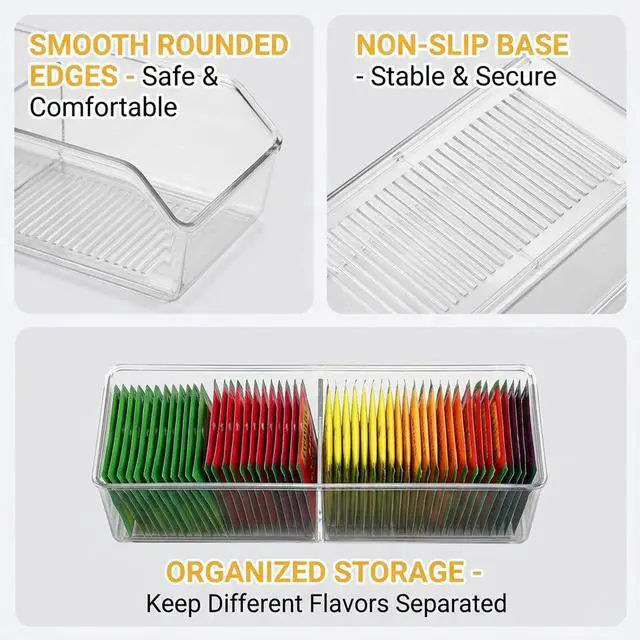 Alt view image 4 of 7 - Tea Bag Organizer, Tea Bag Holder, Clear Plastic Tea Organizer for Cabinet, 2 Compartment Storage for Tea, Coffee, Sugar, Seasoning Packets, Fridge, Tabletop, Kitchen Countertop