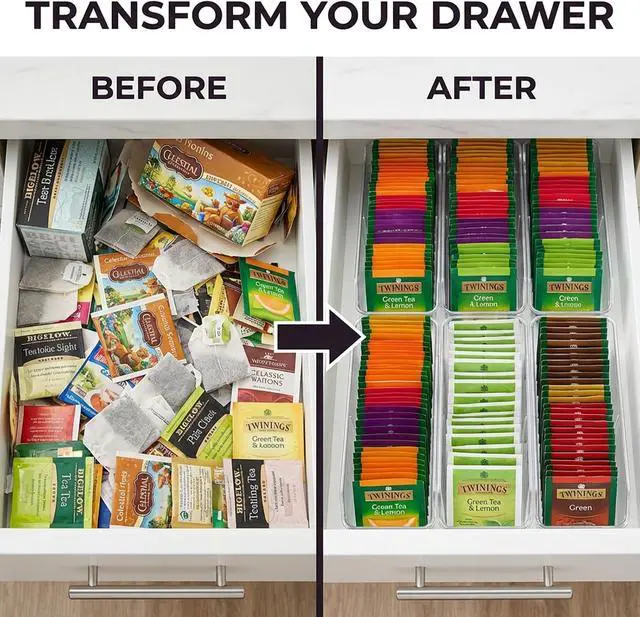 Alt view image 5 of 7 - Tea Bag Organizer, Tea Bag Holder, Clear Plastic Tea Organizer for Cabinet, 2 Compartment Storage for Tea, Coffee, Sugar, Seasoning Packets, Fridge, Tabletop, Kitchen Countertop