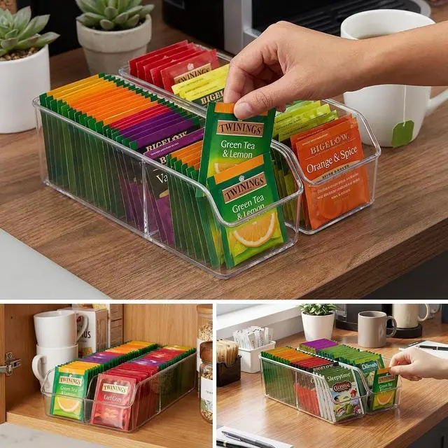 Alt view image 6 of 7 - Tea Bag Organizer, Tea Bag Holder, Clear Plastic Tea Organizer for Cabinet, 2 Compartment Storage for Tea, Coffee, Sugar, Seasoning Packets, Fridge, Tabletop, Kitchen Countertop