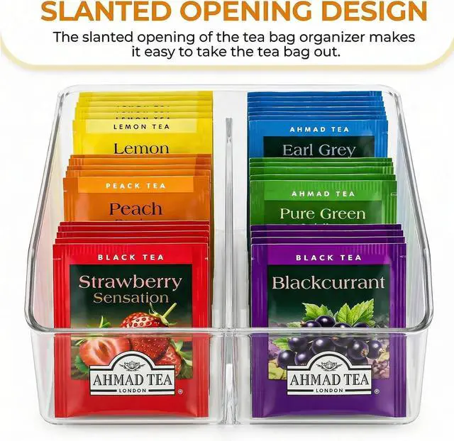 Alt view image 7 of 7 - Tea Bag Organizer, Tea Bag Holder, Clear Plastic Tea Organizer for Cabinet, 2 Compartment Storage for Tea, Coffee, Sugar, Seasoning Packets, Fridge, Tabletop, Kitchen Countertop