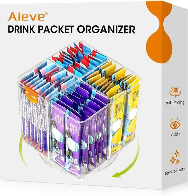 Main image of AIEVE Drink Packet Organizer, Lazy Susan Organizer for Water Flavor Packets, Drink Mix Rotating Turntable Sugar Packet Holder Container for Pantry Organizers and Storage, Square