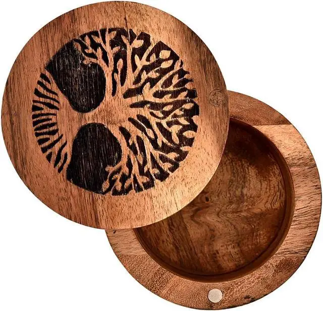 Alt view image 3 of 4 - EDHAS Acacia Wood Spice Cellars Box with Lid for Kitchen, Countertop, Round Storage Box for Spices (3.5" x 3.5" x 2.5")
