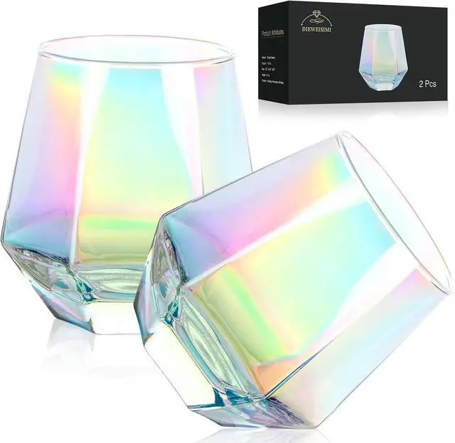 Main image of Wine Glasses Set of 2, Diamond Stemless Wine Glasses - Iridescent Glassware