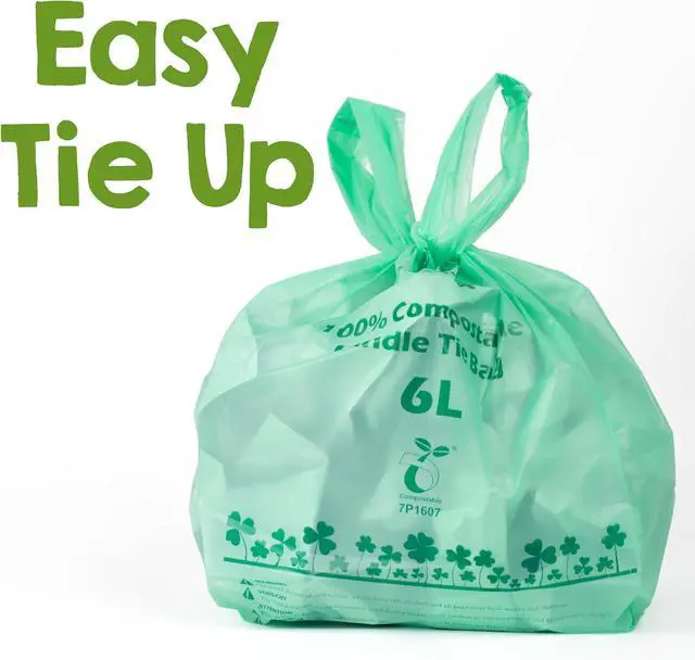 Alt view image 2 of 7 - 1.6 Gallon Tie Handles Compost Trash Bags 120 Food Scrap Bags, Compostable Kitchen Waste Bags with Europe EN13432 & ASTM D6400 Certified