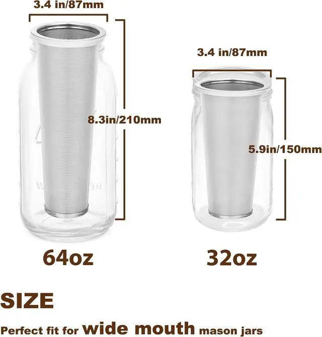 Alt view image 2 of 5 - Cold Brew Coffee Filter for 32 OZ Wide Mouth Mason Jar, 304 Stainless Steel Strainer with Seal Ring for Iced Drinks, Sun Tea Infuser and Cold Brew Coffee Maker